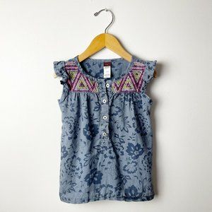TEA Girl 2T Embroidered Blue Floral Linen Dress